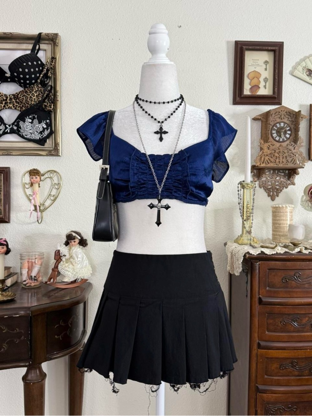Y2k witchy whimsigoth midnight blue satin ultra cropped ruched top